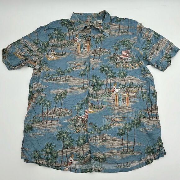 Batik Bay Shirt Mens Large Rayon Hawaiian Beach Surfer Girl Blue Button Down - Picture 1 of 7